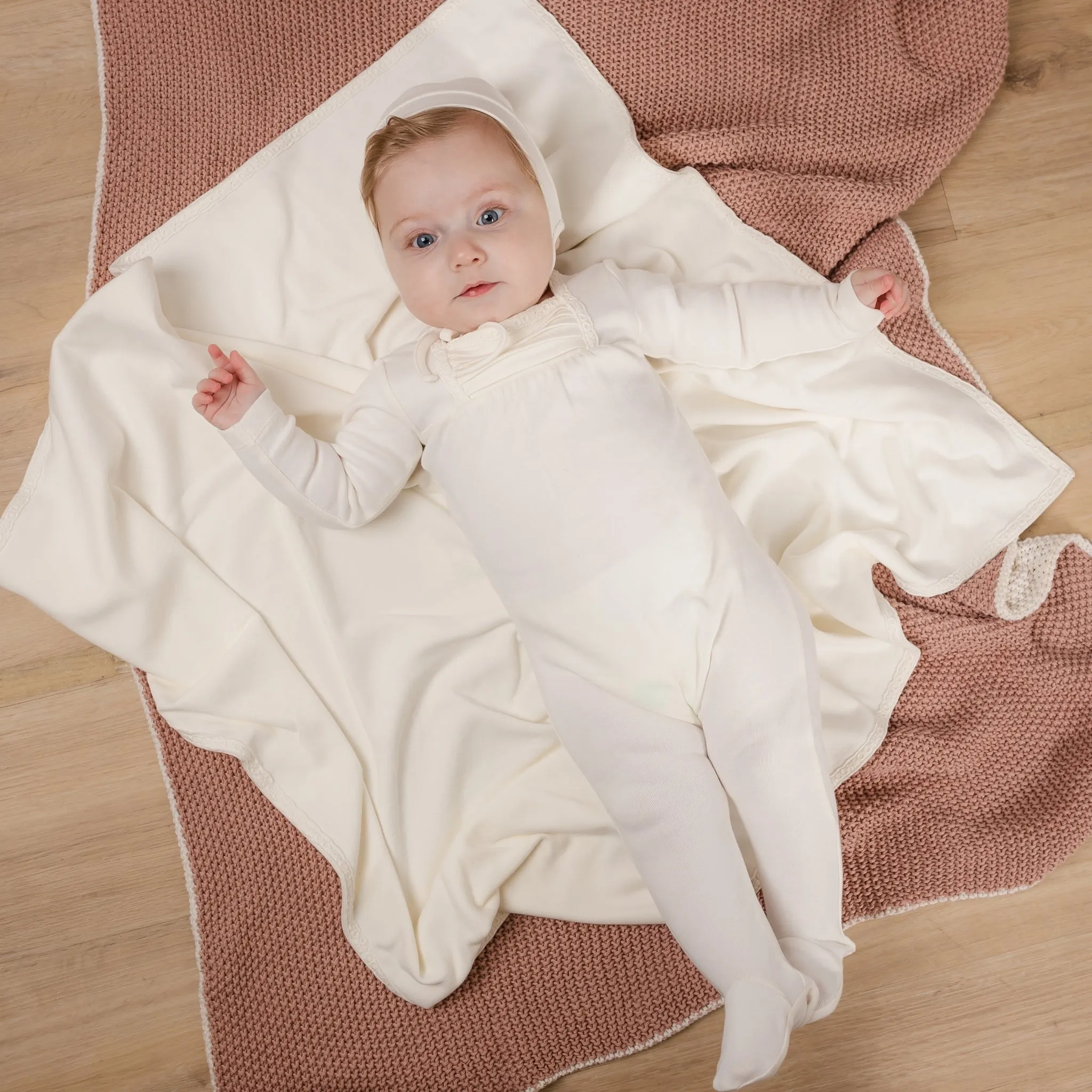 Mabel Bebe Pearl White Pleat Stretchie and Bonnet