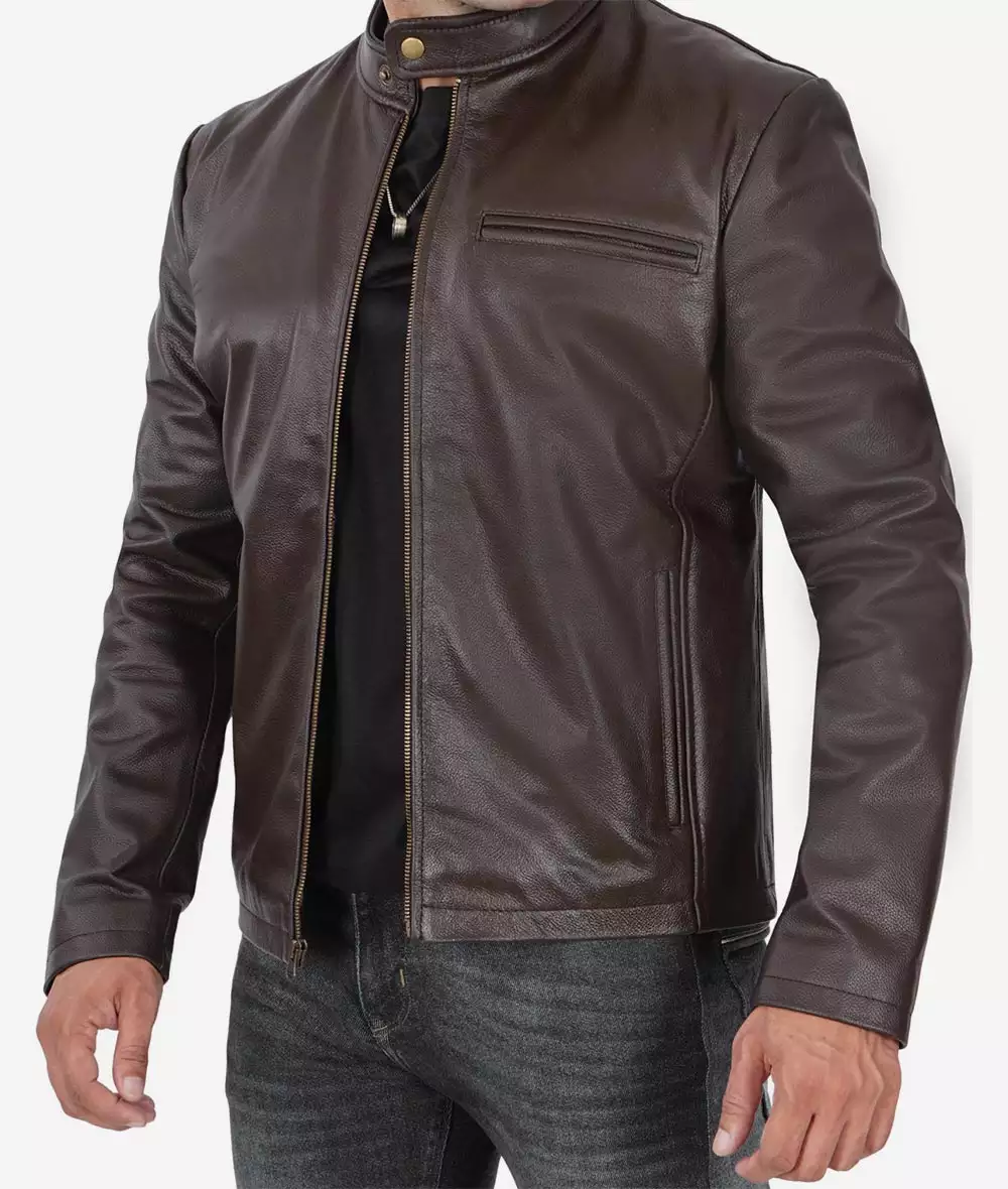 Mens Dark Brown Premium Cowhide Leather Cafe Racer Jacket