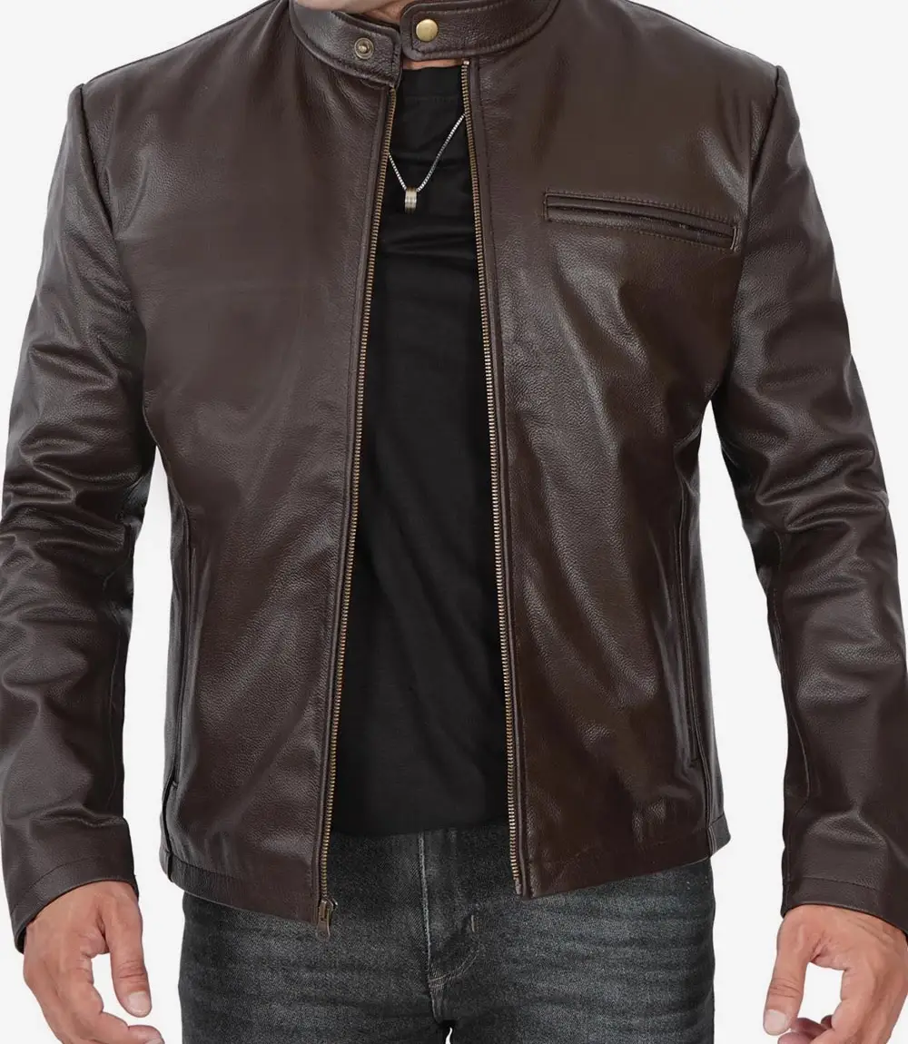 Mens Dark Brown Premium Cowhide Leather Cafe Racer Jacket