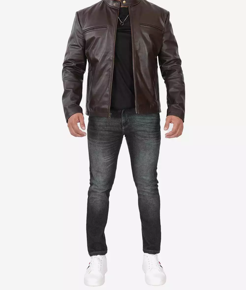 Mens Dark Brown Premium Cowhide Leather Cafe Racer Jacket