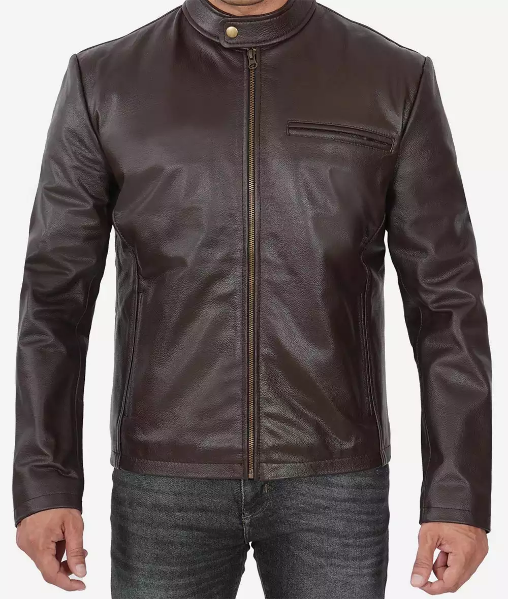 Mens Dark Brown Premium Cowhide Leather Cafe Racer Jacket