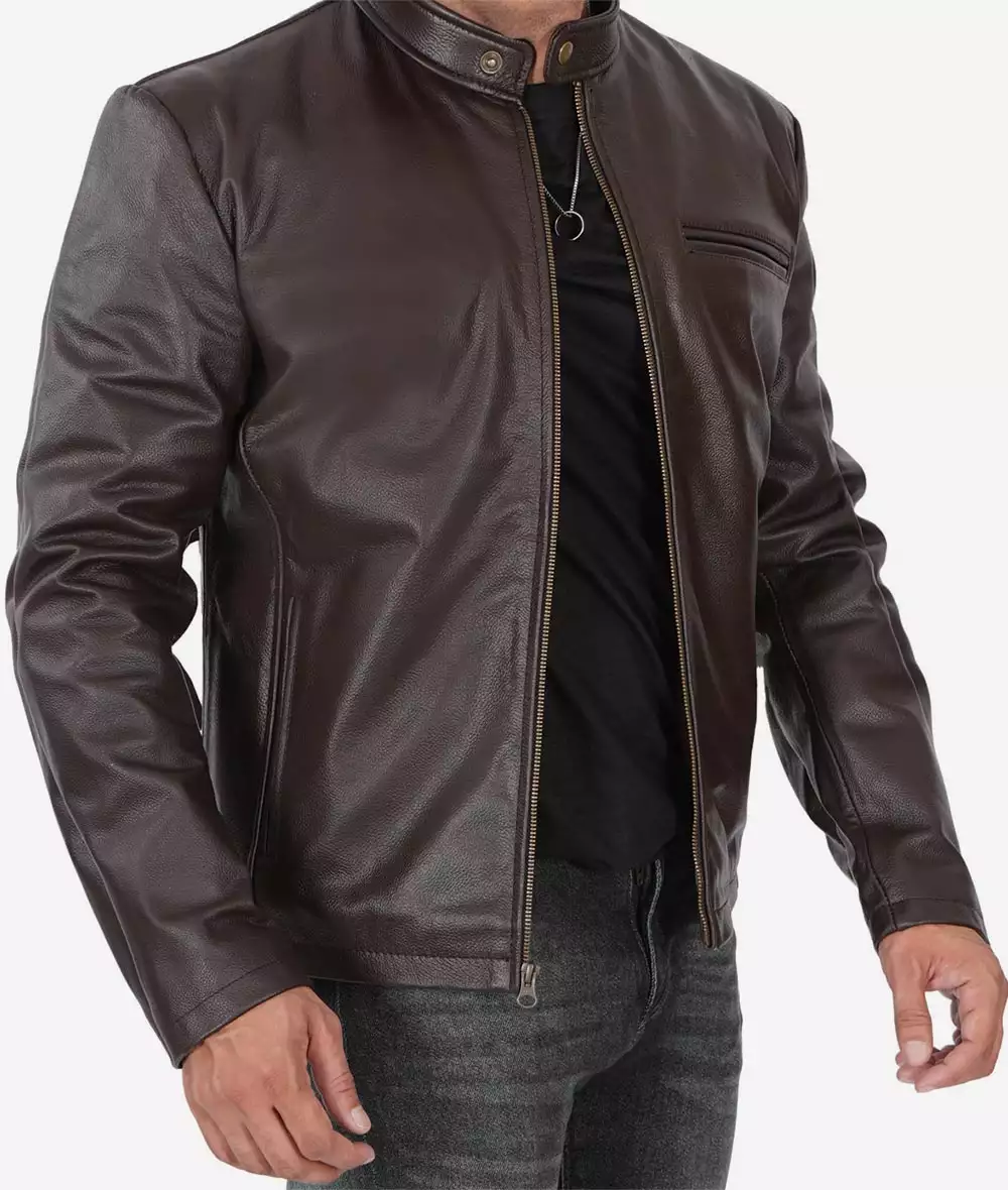 Mens Dark Brown Premium Cowhide Leather Cafe Racer Jacket