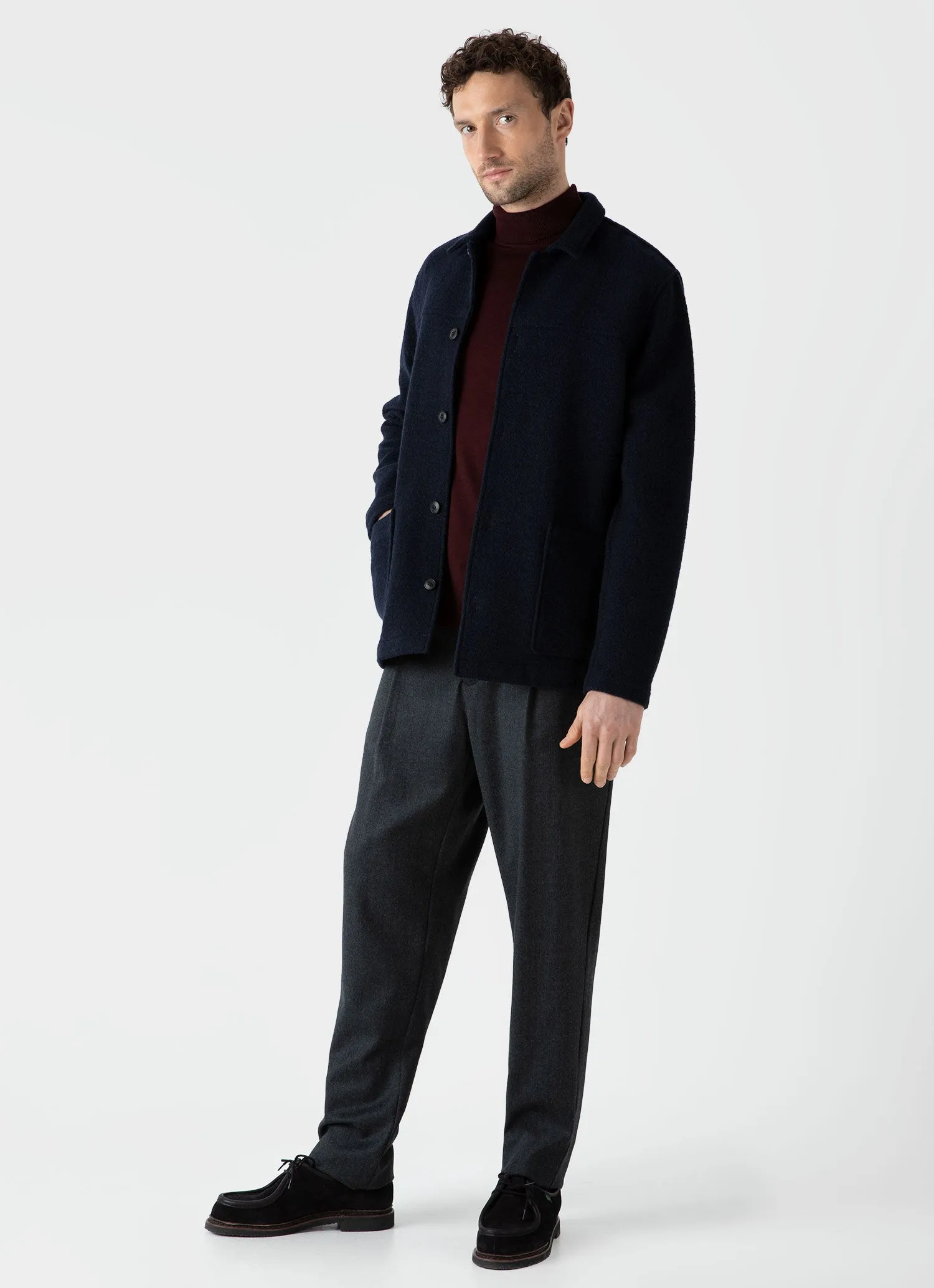 Men's Pleated Wool Flannel Trouser in Charcoal Melange