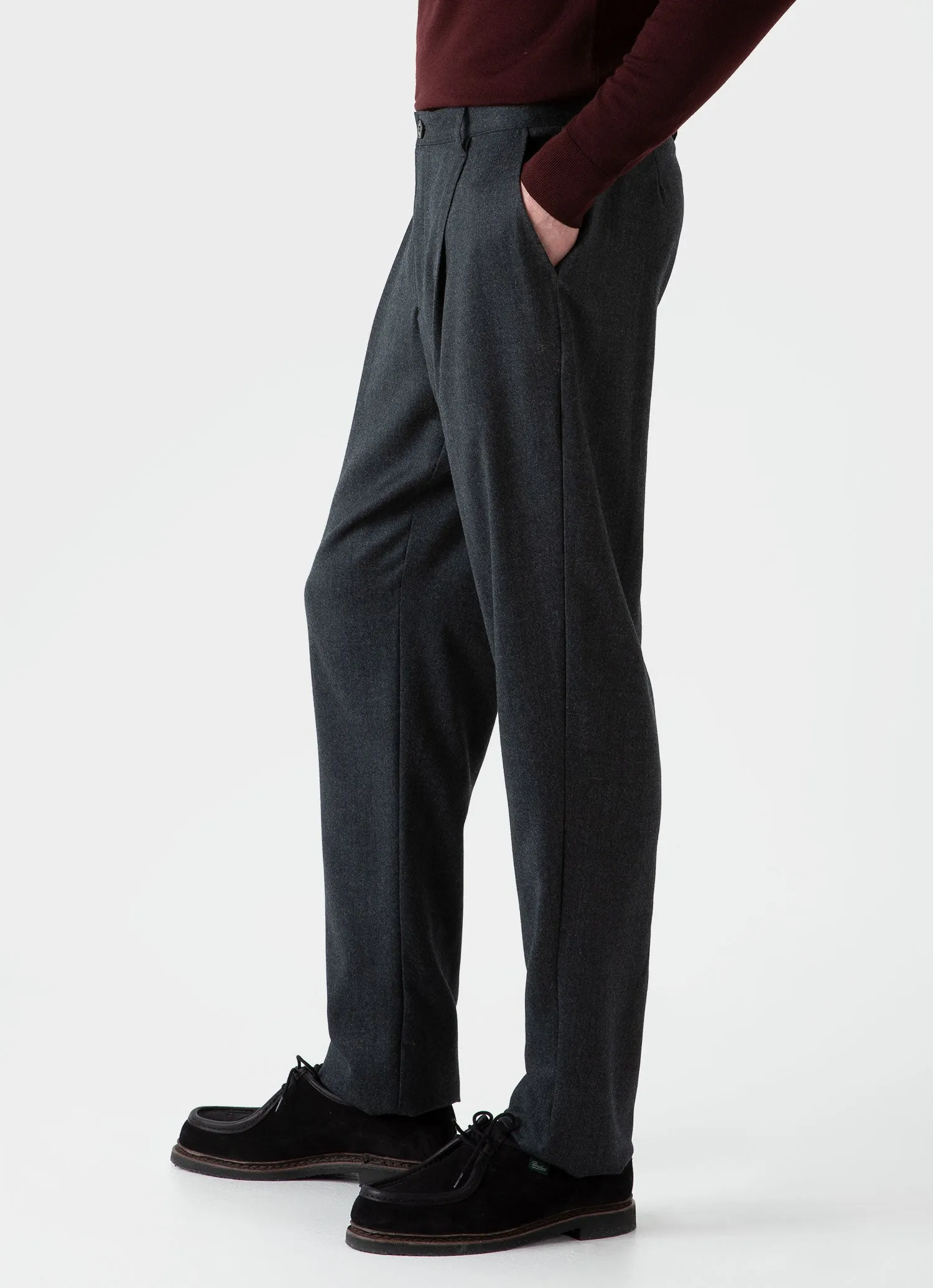 Men's Pleated Wool Flannel Trouser in Charcoal Melange