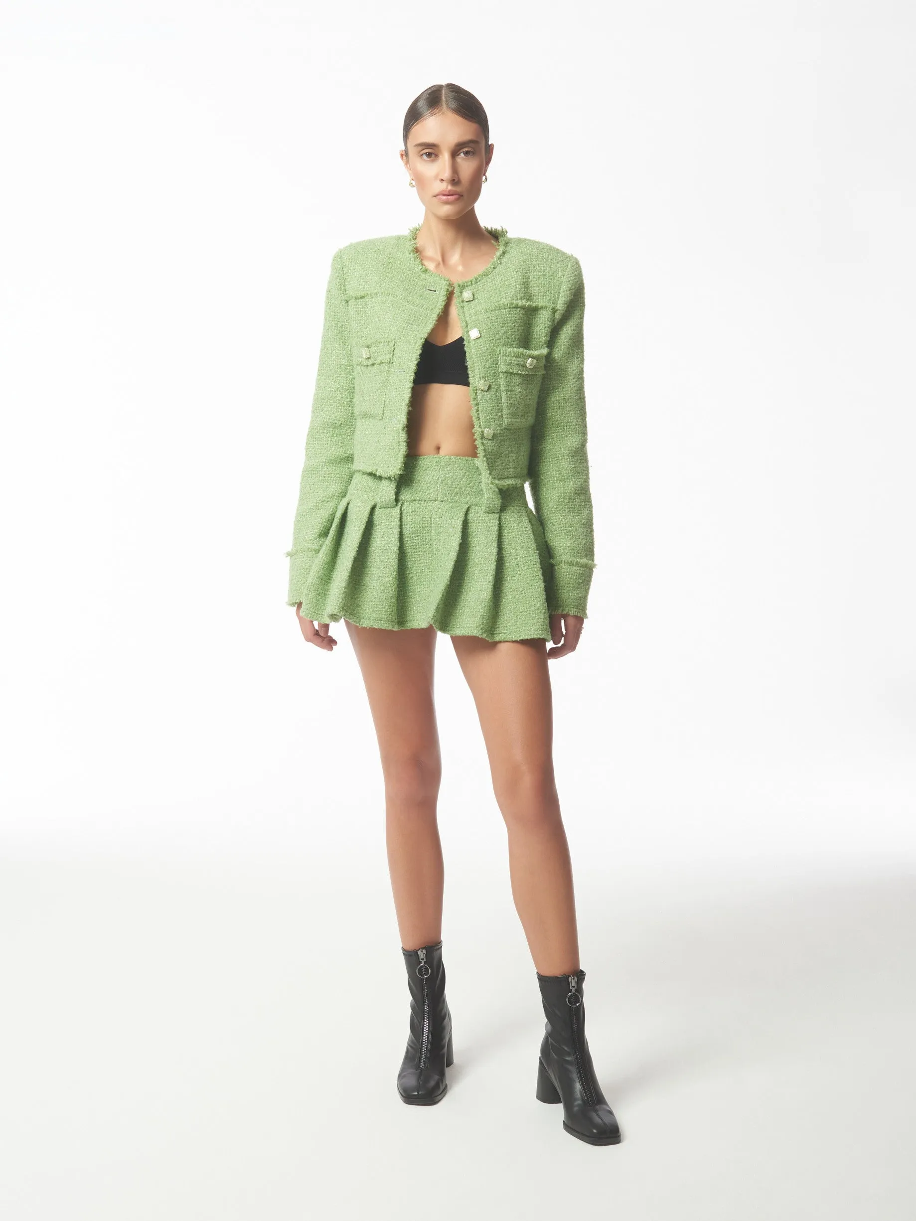 Metallic Thread Bouclé Tweed Jacket in Pistachio Green