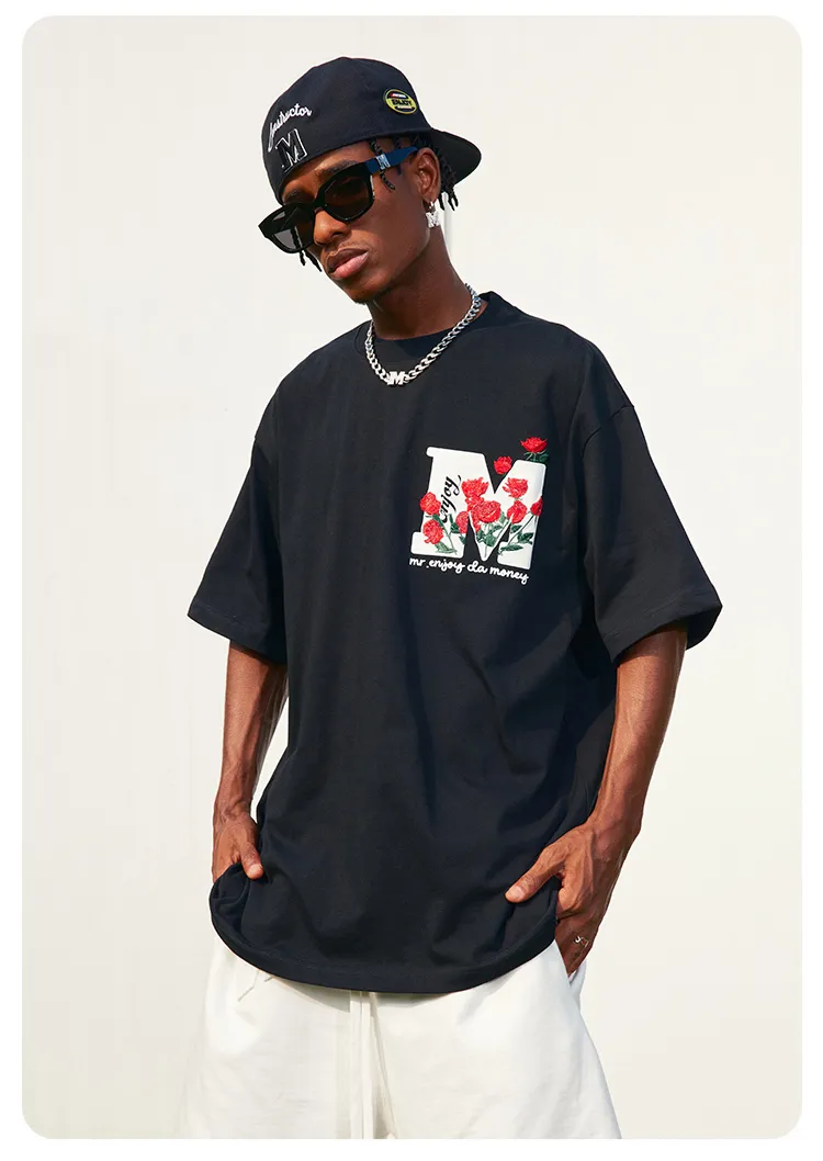 MR. ENJOY DA MONEY  |Crew Neck Flower Patterns Unisex Street Style Plain Cotton