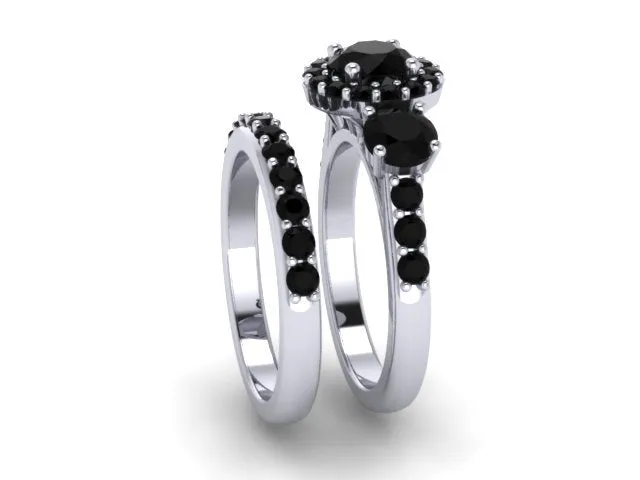 Natural Black Halo Diamond Three-Stone Engagement Ring with One Black Diamond Matching Band 14K White Gold Bridal Set Women's Je