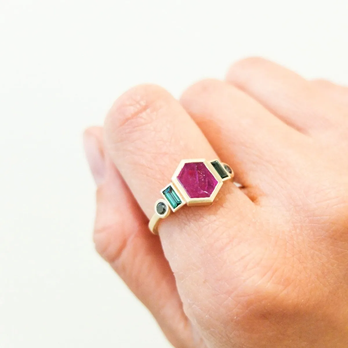 Natural Hexagonal Ruby / Tourmaline / Black Diamond Ring