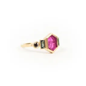 Natural Hexagonal Ruby / Tourmaline / Black Diamond Ring