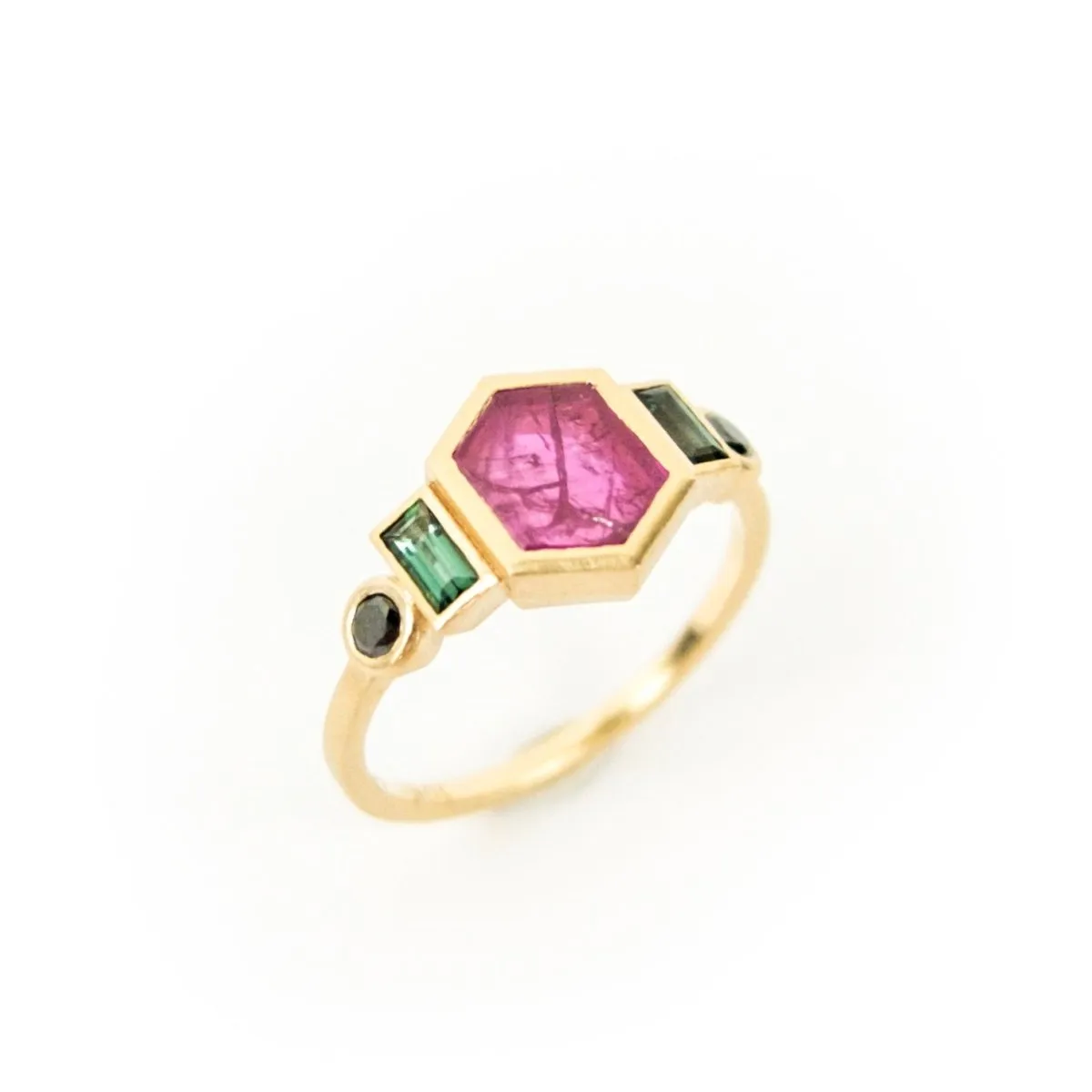 Natural Hexagonal Ruby / Tourmaline / Black Diamond Ring