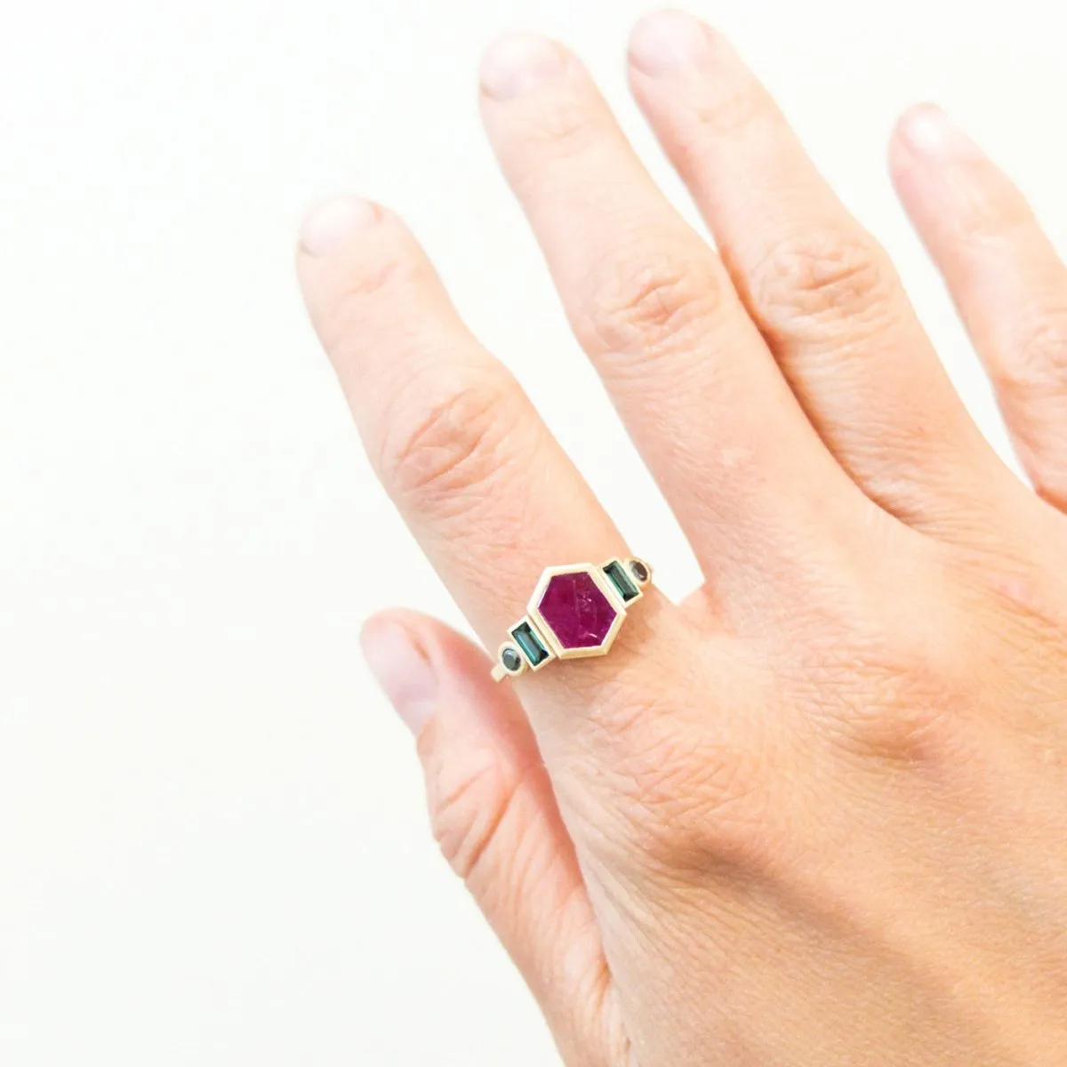 Natural Hexagonal Ruby / Tourmaline / Black Diamond Ring