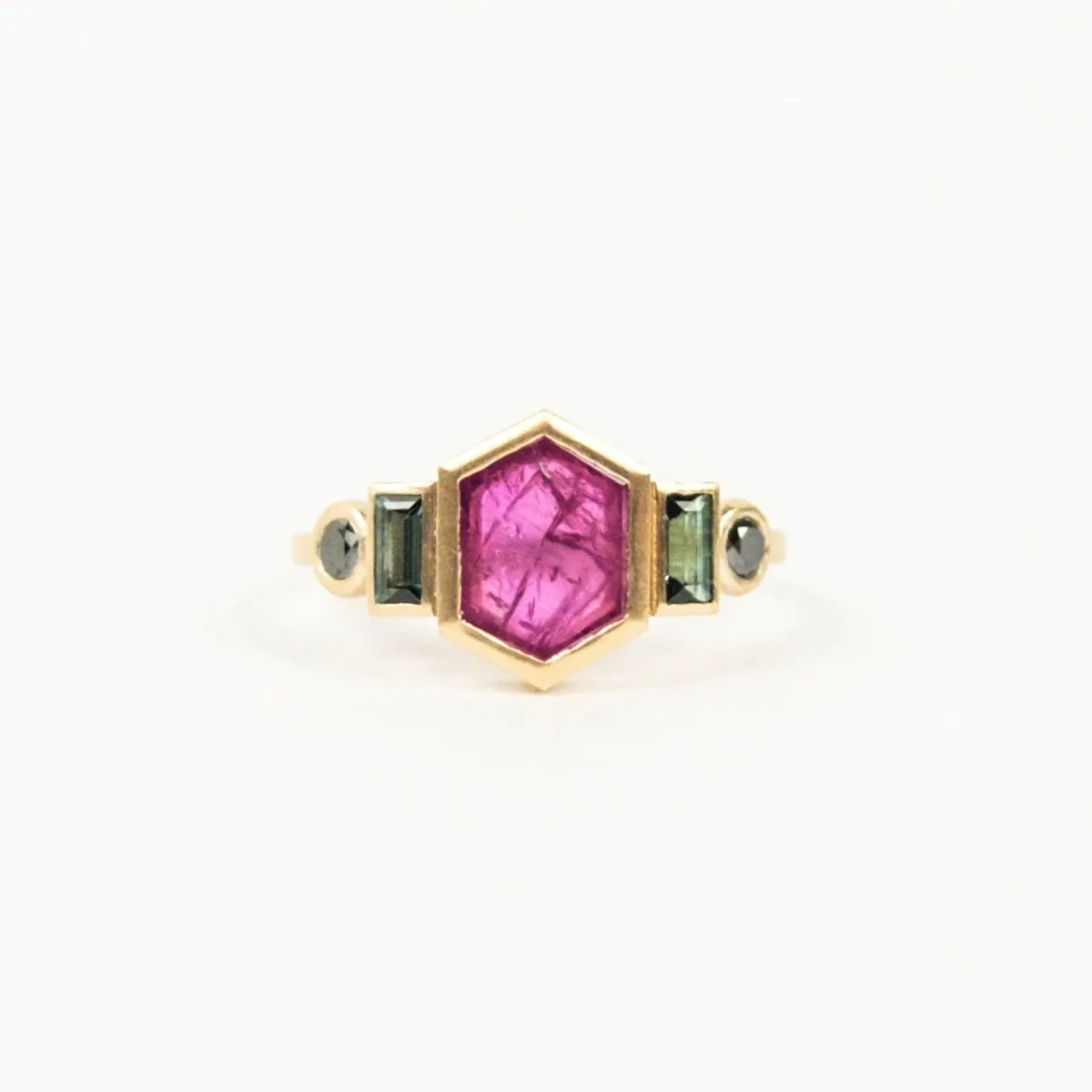 Natural Hexagonal Ruby / Tourmaline / Black Diamond Ring