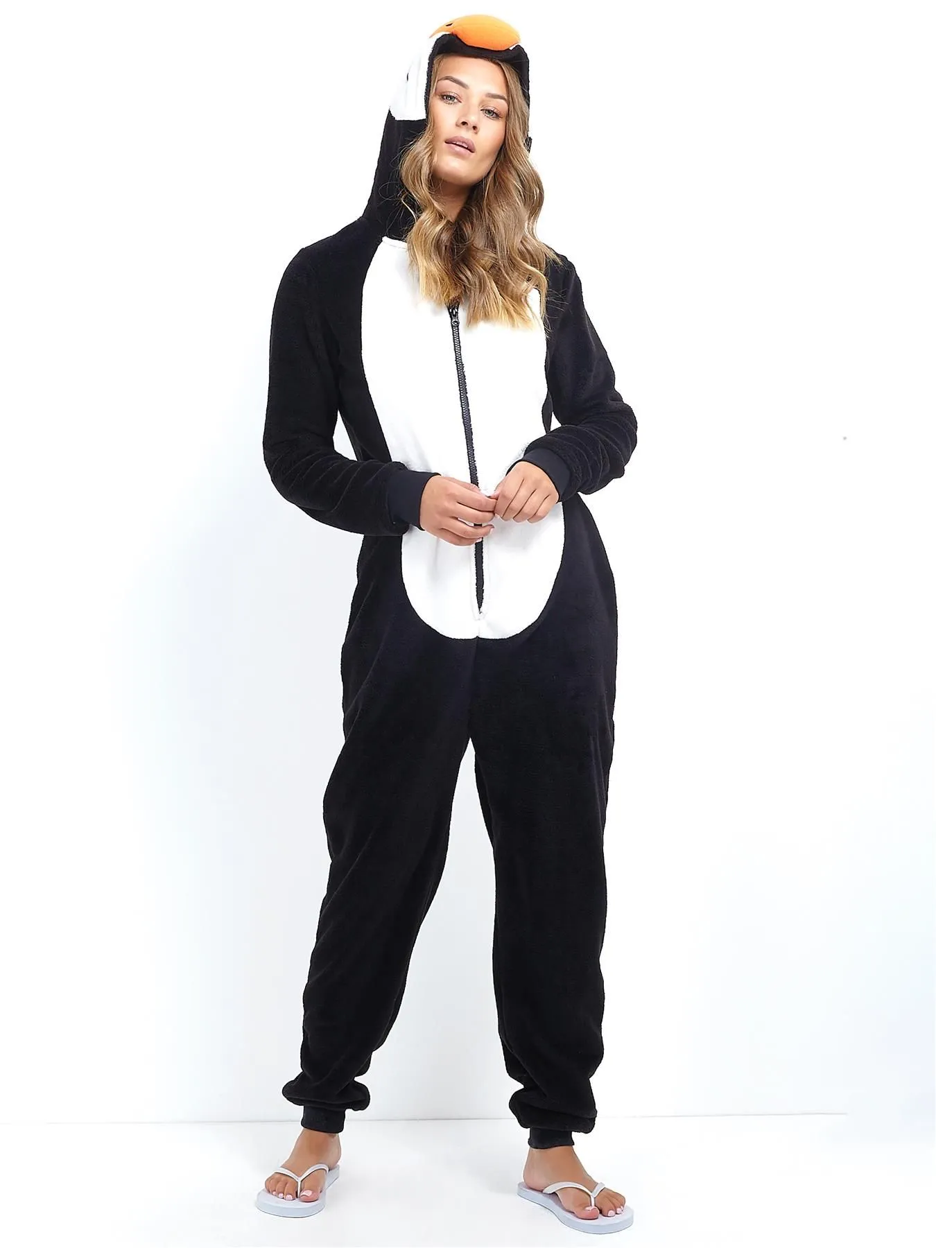 Penguin Teddy Fleece Onesie, Black White, UK Sizes 8 to 20