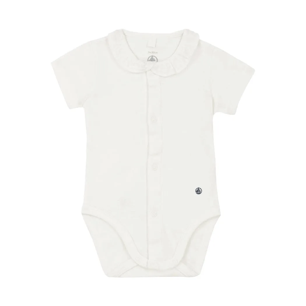 Petit Bateau Baby Girl Short Sleeve Bodysuit with Snaps and Ruffle Collar - White