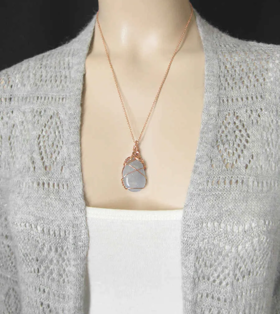 Polished Blue Celestite Pendant Necklace, Copper Wire-Wrapped, with 20 Chain, Handmade  #6