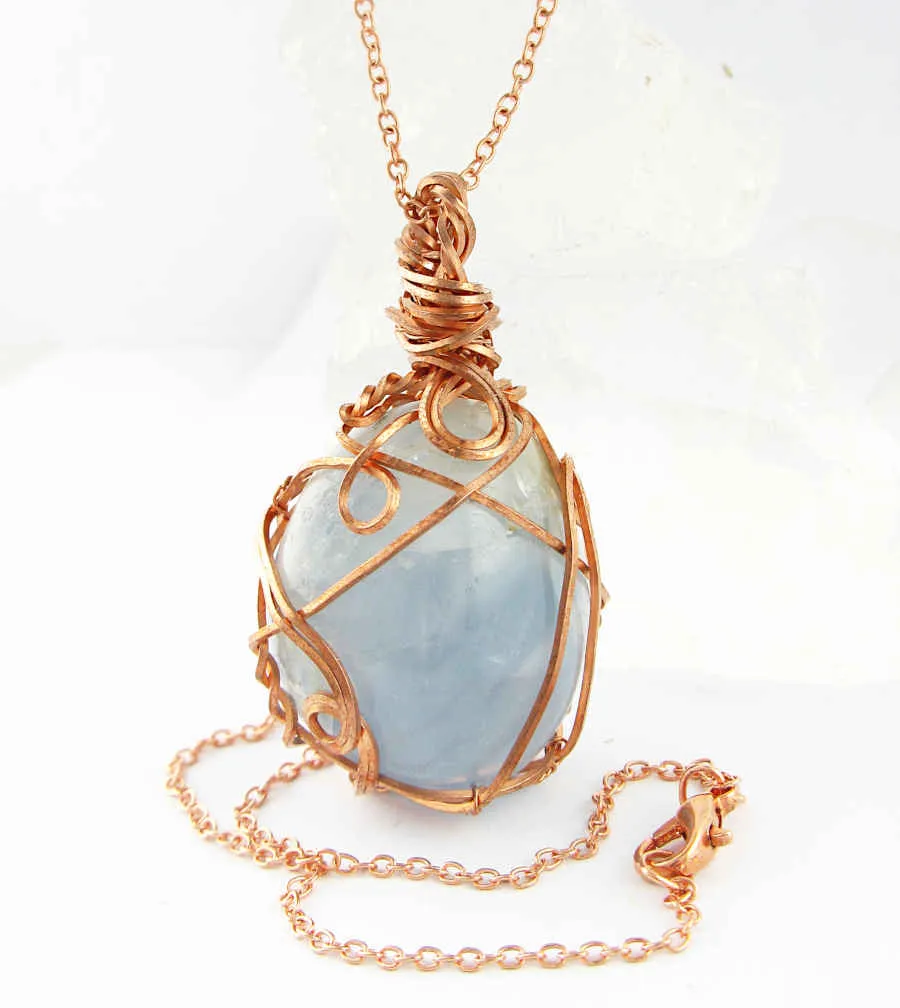 Polished Blue Celestite Pendant Necklace, Copper Wire-Wrapped, with 20 Chain, Handmade  #7