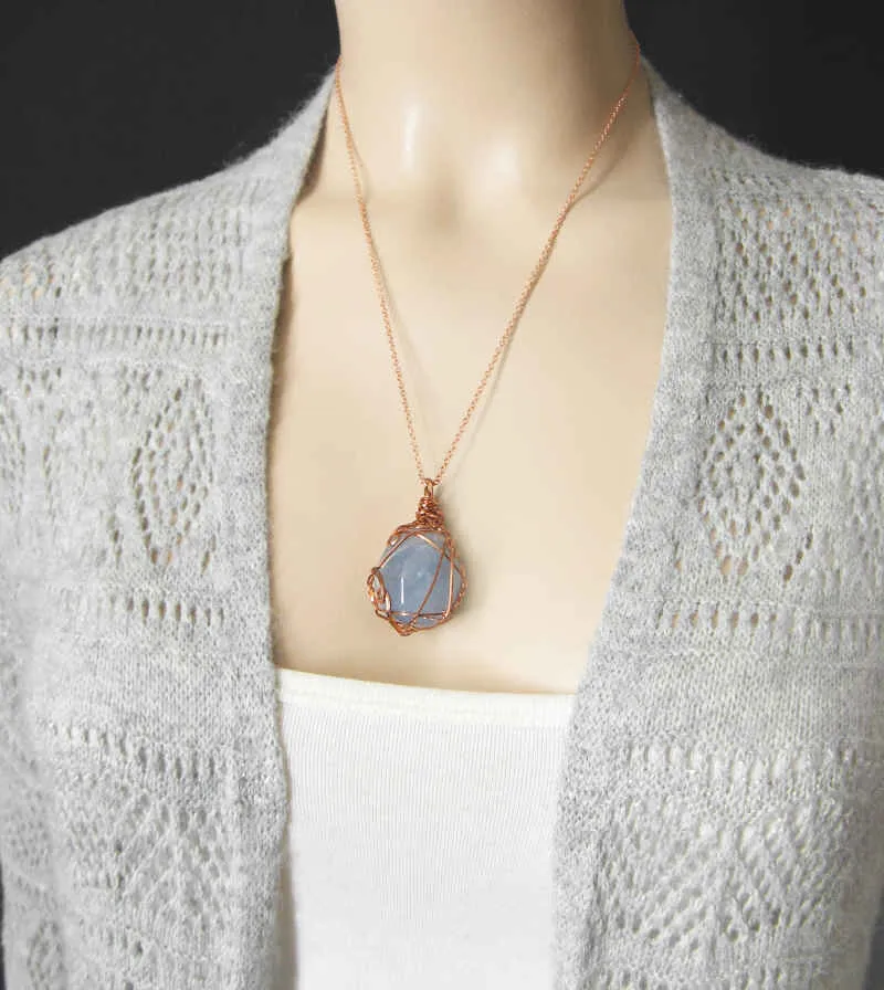 Polished Blue Celestite Pendant Necklace, Copper Wire-Wrapped, with 20 Chain, Handmade  #7