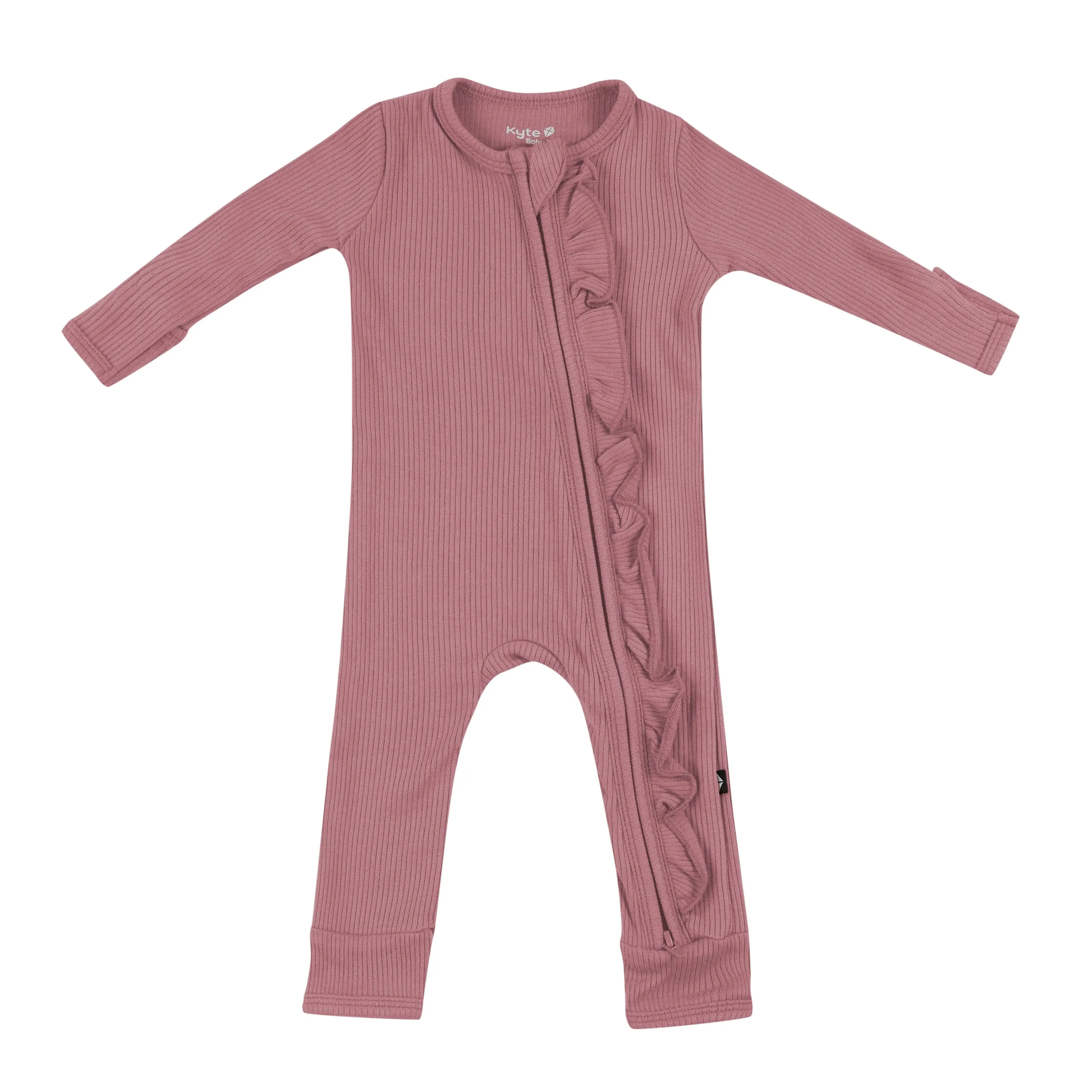 Ribbed Ruffle Zipper Romper in Dusty Rose