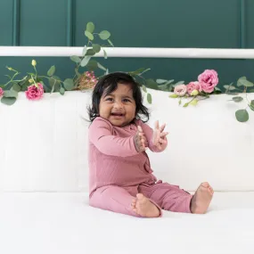 Ribbed Ruffle Zipper Romper in Dusty Rose