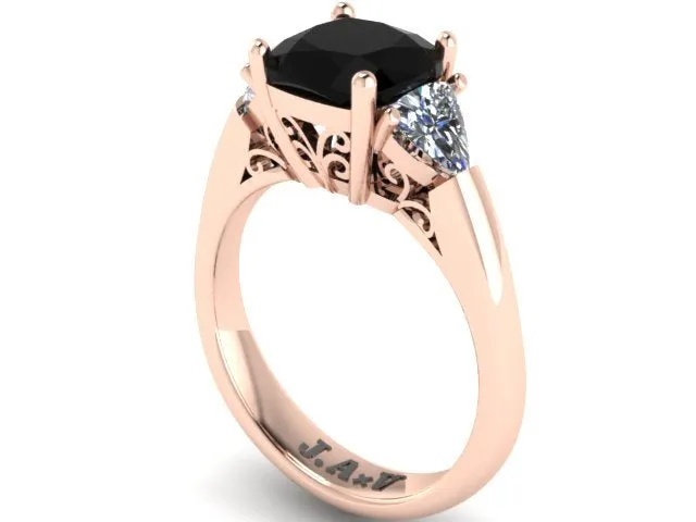 Rose Gold Engagement Ring Cushion Cut Natural Black Diamond Center and Two Trillion Cut Forever Brilliant Moissanite Side-Stones