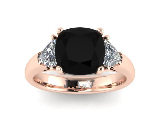 Rose Gold Engagement Ring Cushion Cut Natural Black Diamond Center and Two Trillion Cut Forever Brilliant Moissanite Side-Stones