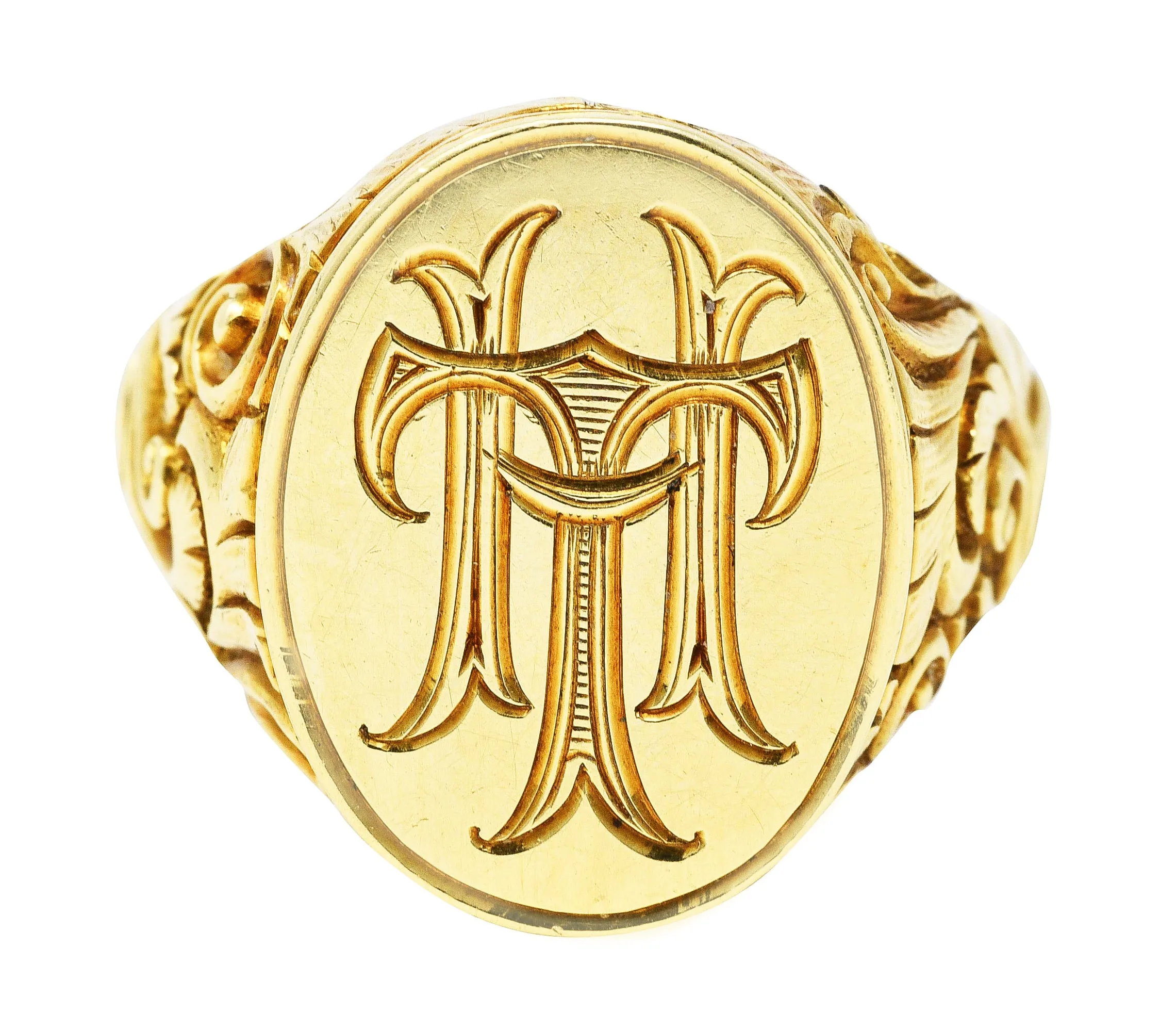 Scofield & Co. Art Nouveau 14 Karat Yellow Gold Scrolling Unisex Signet Ring