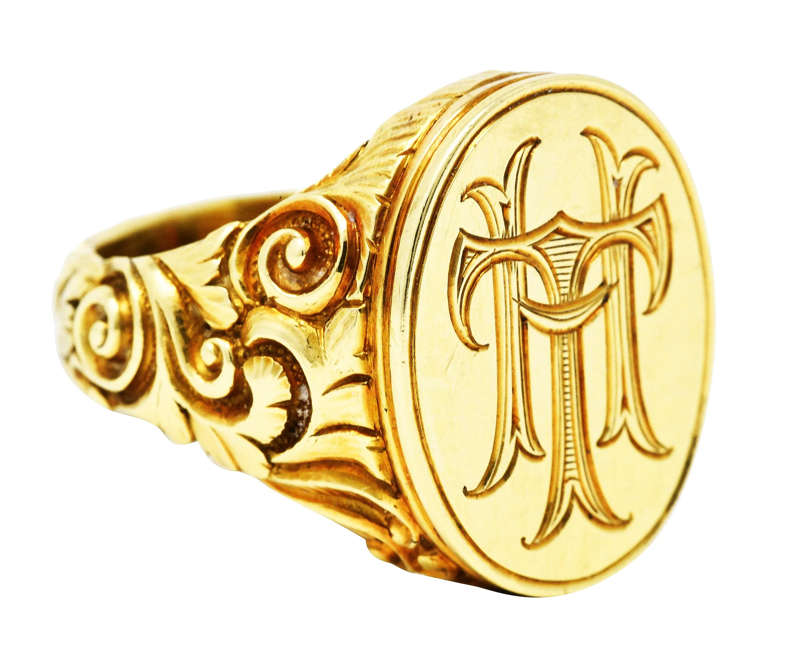 Scofield & Co. Art Nouveau 14 Karat Yellow Gold Scrolling Unisex Signet Ring