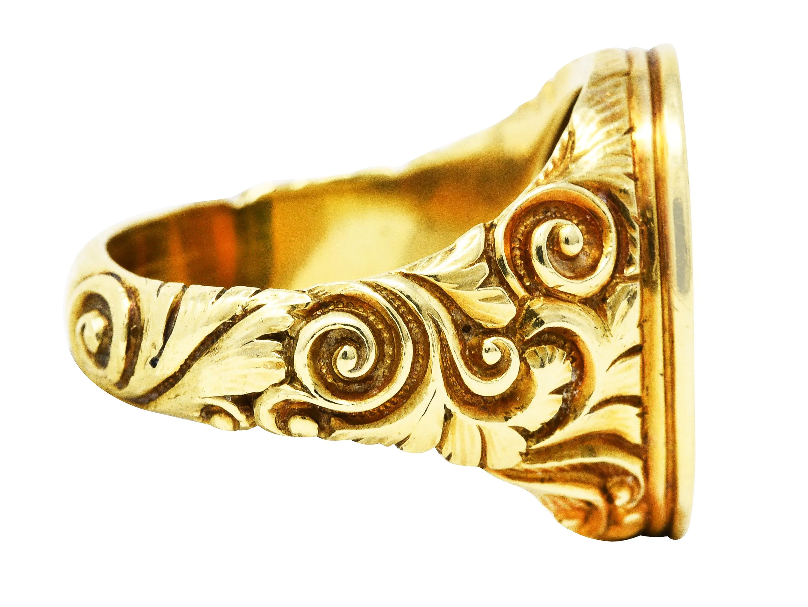 Scofield & Co. Art Nouveau 14 Karat Yellow Gold Scrolling Unisex Signet Ring