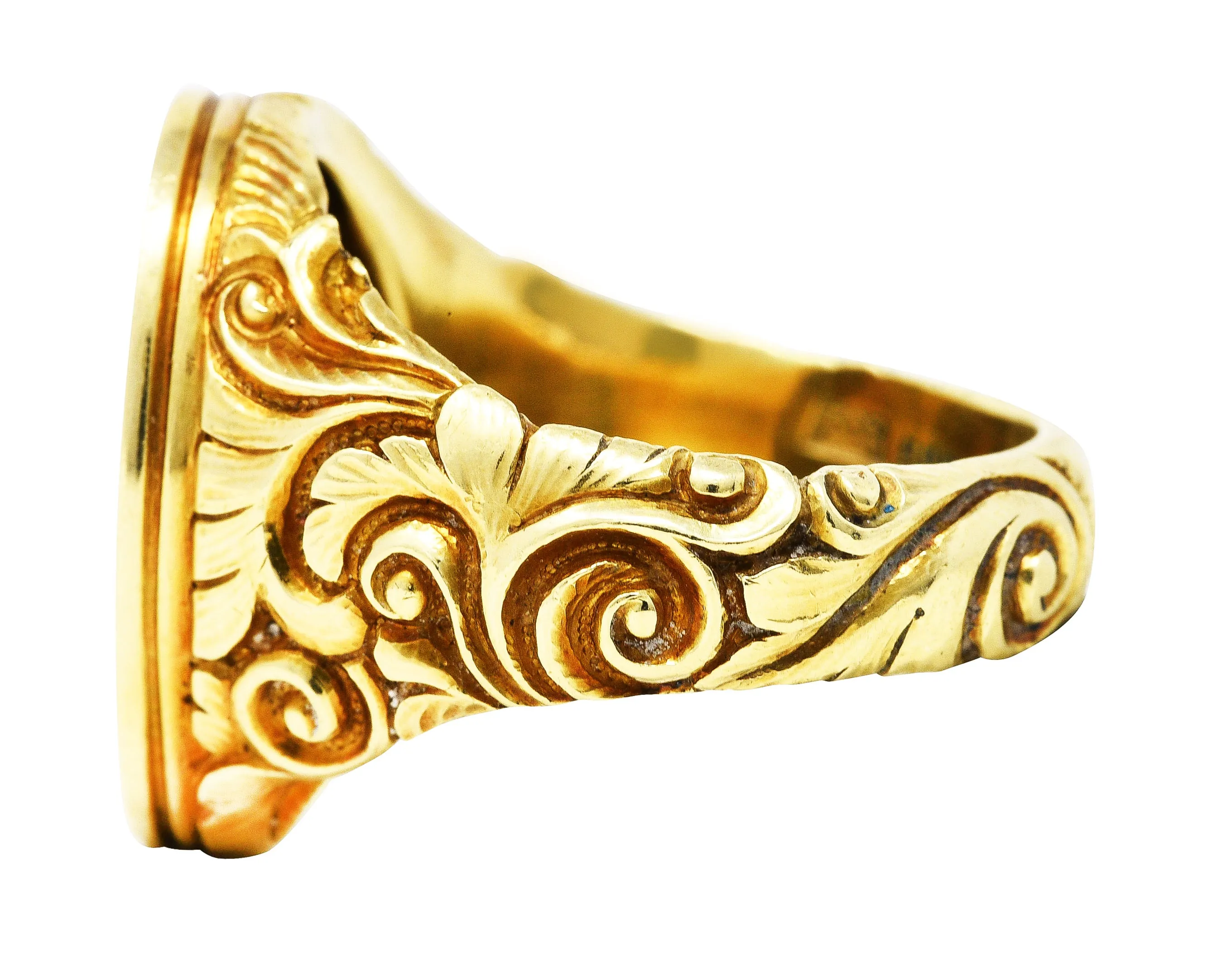 Scofield & Co. Art Nouveau 14 Karat Yellow Gold Scrolling Unisex Signet Ring