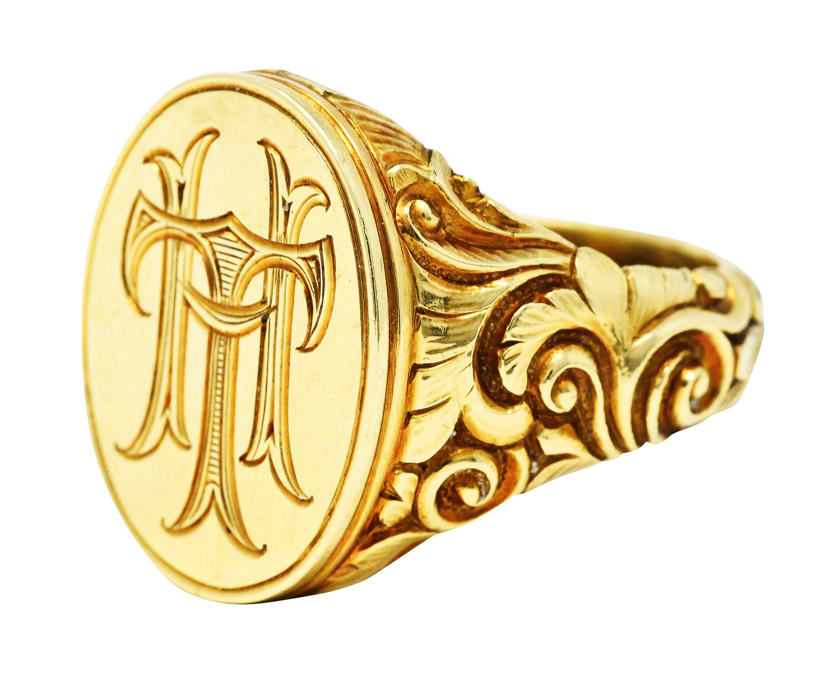 Scofield & Co. Art Nouveau 14 Karat Yellow Gold Scrolling Unisex Signet Ring