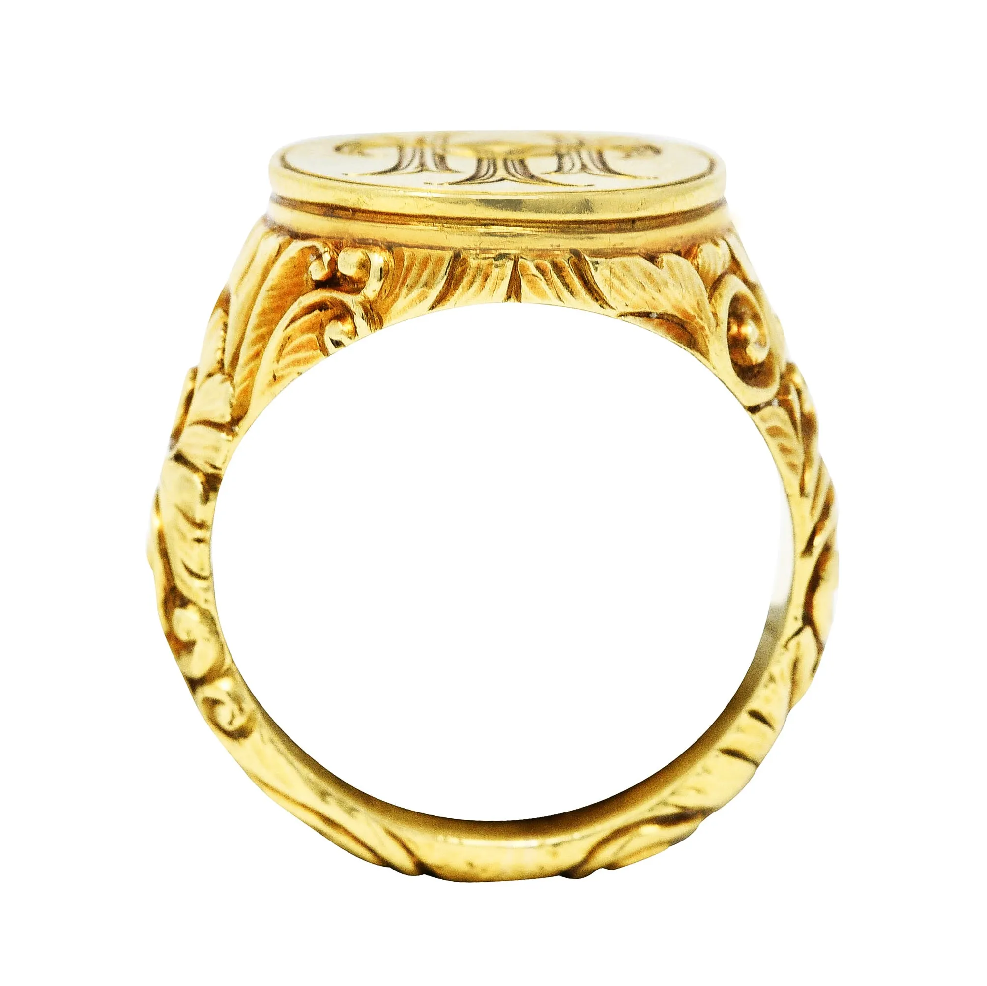 Scofield & Co. Art Nouveau 14 Karat Yellow Gold Scrolling Unisex Signet Ring