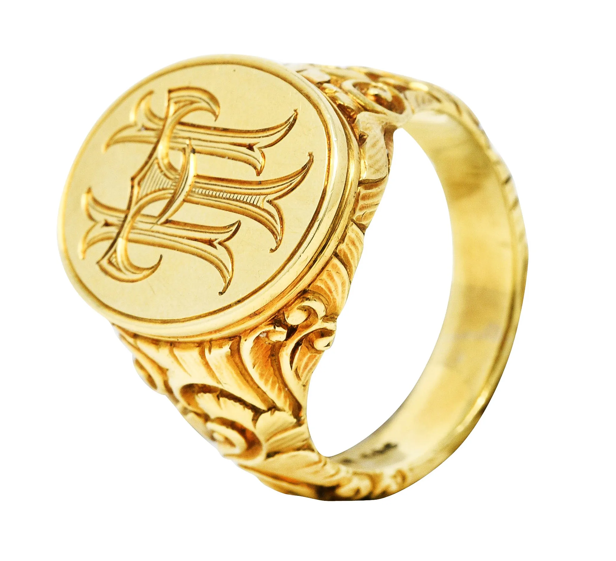 Scofield & Co. Art Nouveau 14 Karat Yellow Gold Scrolling Unisex Signet Ring