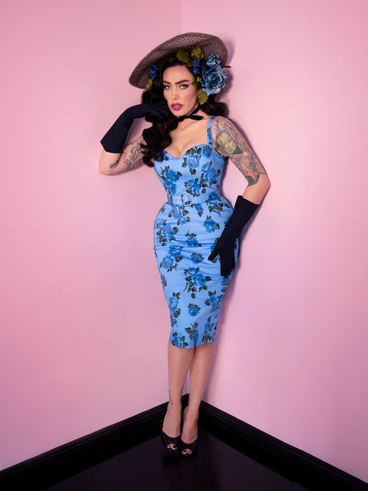 Sweetheart Wiggle Dress in Blue Vintage Roses