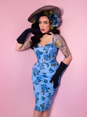 Sweetheart Wiggle Dress in Blue Vintage Roses