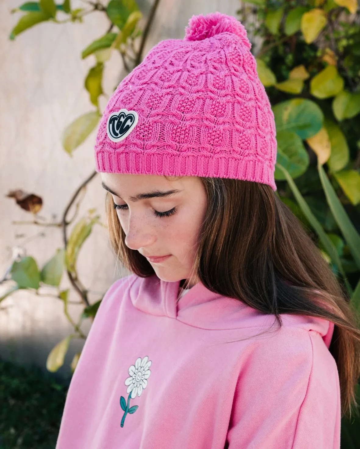 TGC Lace Knit Pom Pom Beanie - Bubblegum Pink