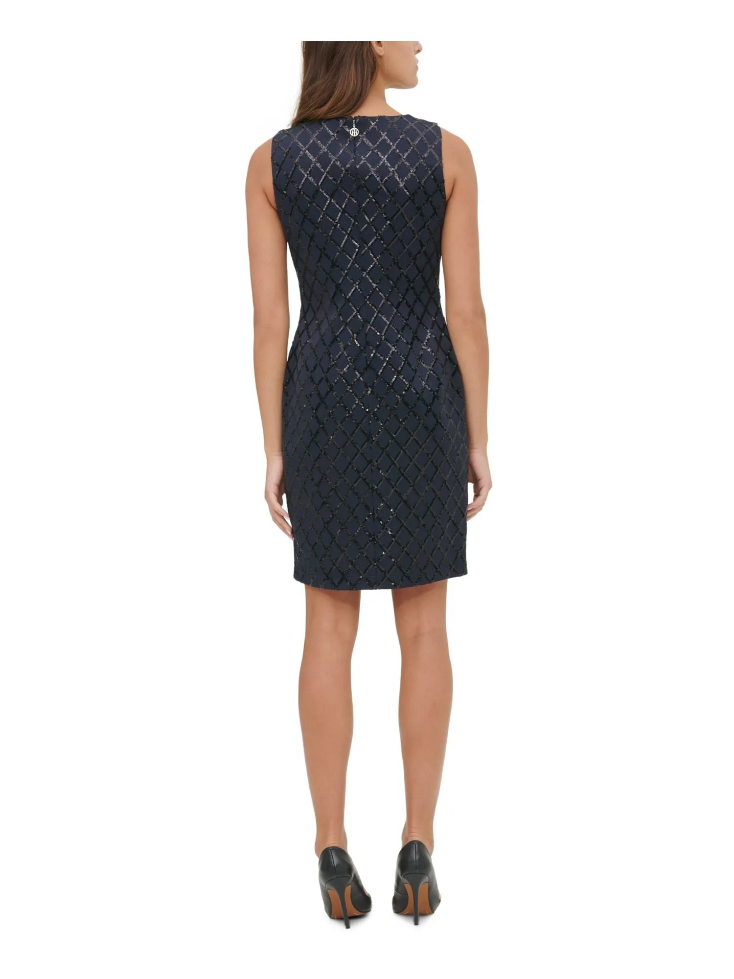 Tommy Hilfiger Women's Embellished Sleeveless Jewel Neck Above The Knee Cocktail Sheath Dress Blue Size 10 Petite