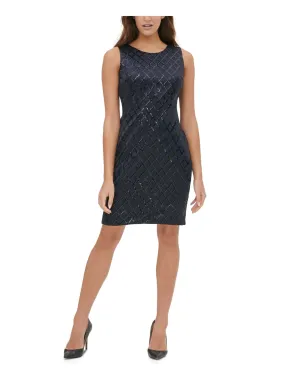 Tommy Hilfiger Women's Embellished Sleeveless Jewel Neck Above The Knee Cocktail Sheath Dress Blue Size 10 Petite