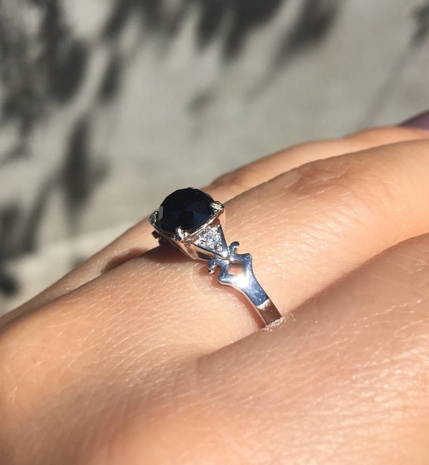 Unique Vintage Engagement Ring 6.5mm Genuine Black Diamond Center 14K White Gold Diamond Wedding Ring Estate Fine Jewelry Bridal