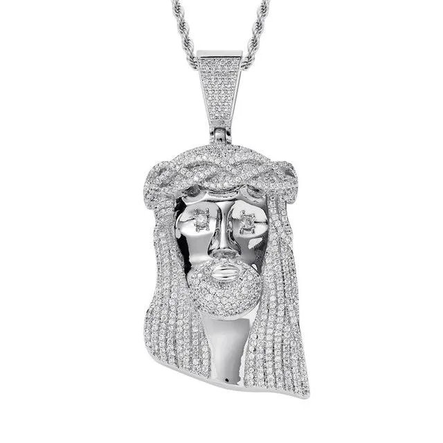 Unisex Iced Out Cz Stone Jesus Corolla Big Pendant Necklace with Chain