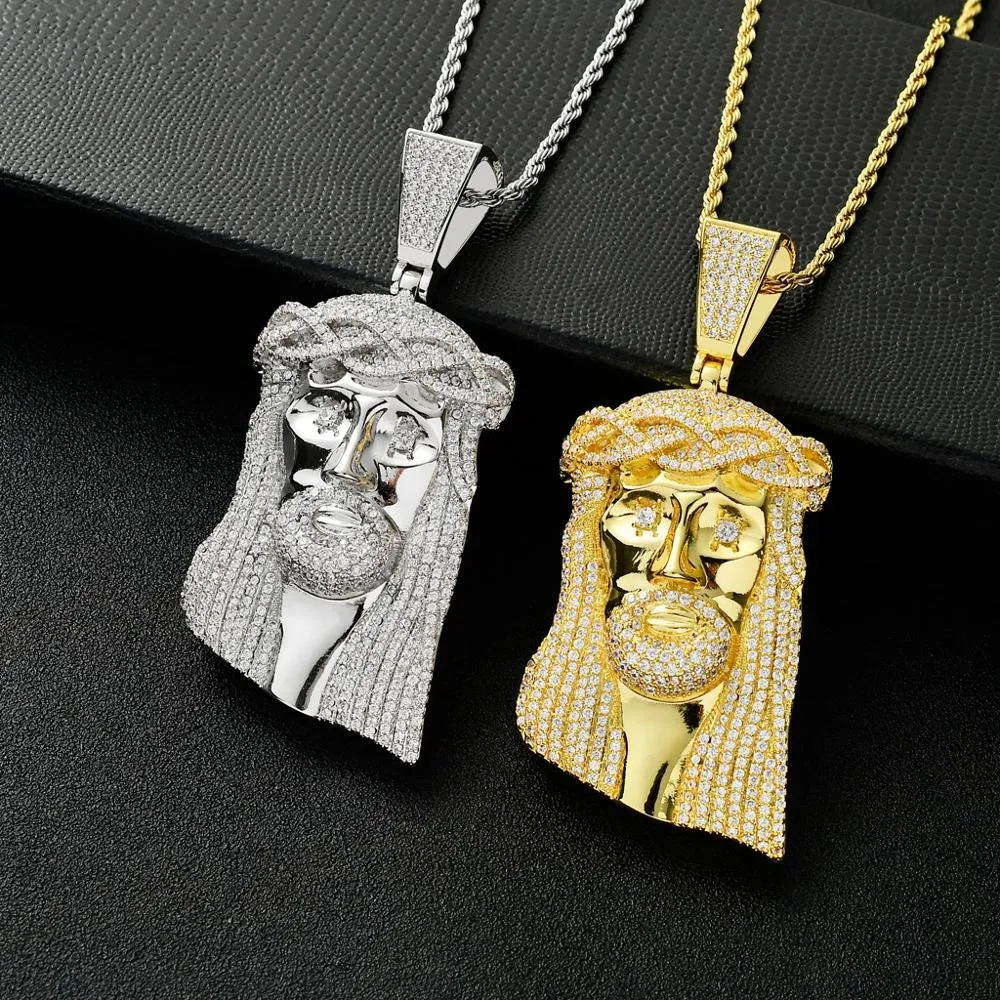 Unisex Iced Out Cz Stone Jesus Corolla Big Pendant Necklace with Chain