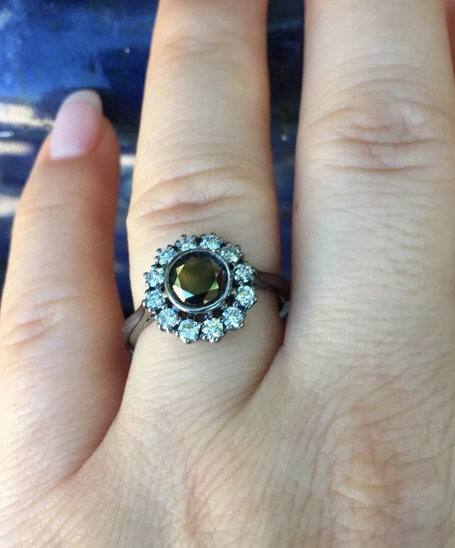 Victorian Engagement Ring Diamond Vintage Engagement 14K Black Gold Wedding Ring with 6mm Round Natural Black Diamond Unique Gem