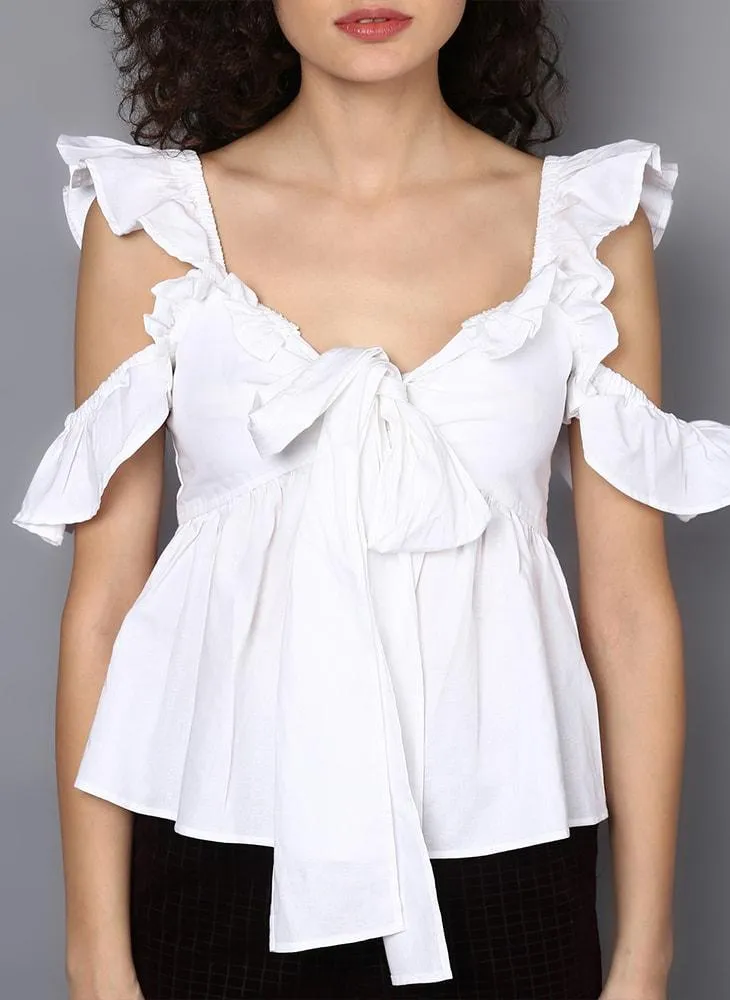 White Frill top with Front Knot