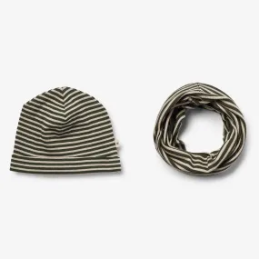 Wool Hat & Neckwarmer Arta - green stripe